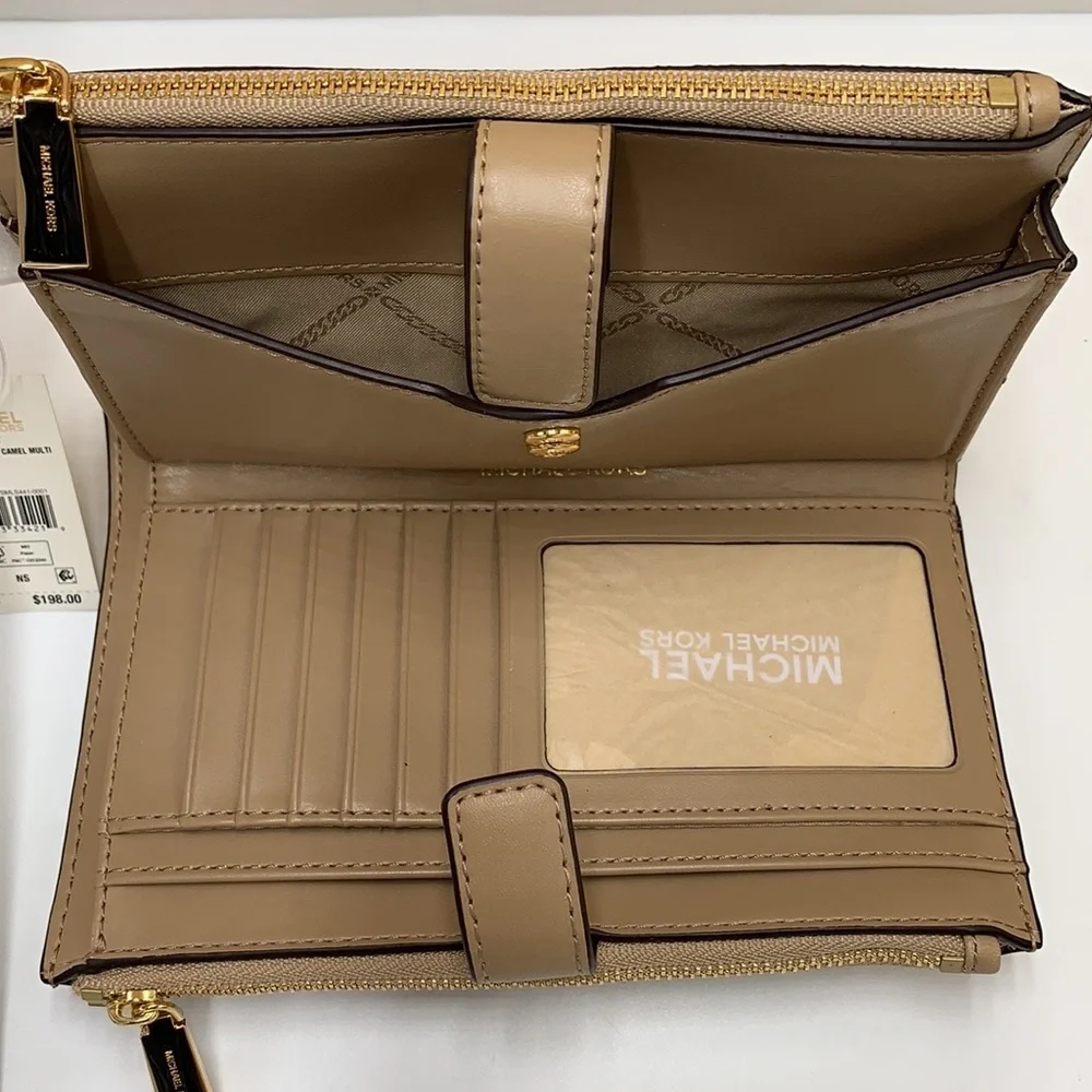 MICHAEL KORS LARGE DOUBLE ZIP WRISTLET WALLET CAMEL MULTI COLOR